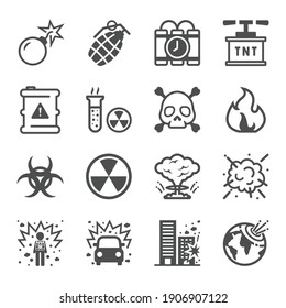 Explosion and Bomb icon set. Terrorism Atomic atom radiation  smoke fusion Nuclear
Included missile radioactive shelter effect