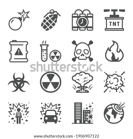 Explosion and Bomb icon set. Terrorism Atomic atom radiation  smoke fusion Nuclear
Included missile radioactive shelter effect