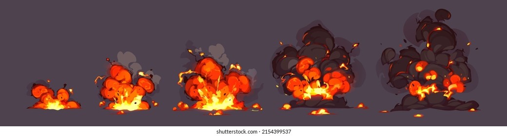 Explosion Of Bomb, Rocket Hit. Vector Animation Sprite Sheet Of Burst With Fire And Black Smoke Clouds. Cartoon Set Of Blast Effect From Dynamite, Bomb Or Atomic Weapon Isolated On Background