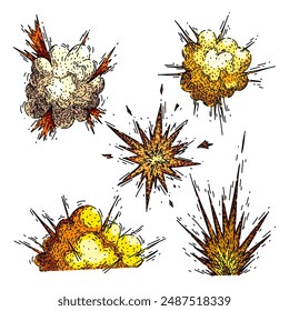 explosion bomb set hand drawn. fireball explosive, dynamite boom, black cloud explosion bomb vector sketch. isolated color illustration