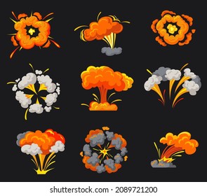 Explosion bomb smoke. Cartoon explosive effect blast animation, comic boom fire flame, explode dynamite, power atomic cloud, burst danger detonator, bang attack vector. Illustration of smoke explosion