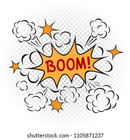 Explosion boom cartoon illustration on transparent white background. Comic book bang sign symbol