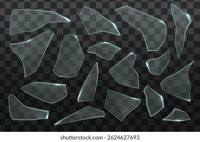 Explosión de vidrio roto con fragmentos voladores y fragmentos transparentes en fondo oscuro Efecto de Vector abstracto con impacto de grieta de daño por choque y diseño de ilustración de desechos afilados

