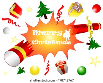 Explosion of burst cracker, bonbon. Gift boxes, balls, stars, Christmas trees, and ribbon flying. Illustration with the text Merry Christmas and a silhouette of Santa Claus