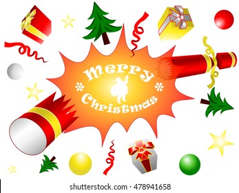 Explosion of burst cracker, bonbon. Gift boxes, balls, stars, Christmas trees, and ribbon flying. Illustration with the text Merry Christmas and a silhouette of Santa Claus