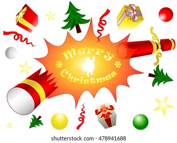 Explosion of burst cracker, bonbon. Gift boxes, balls, stars, Christmas trees, and ribbon flying. Illustration with the text Merry Christmas and a silhouette of Santa Claus