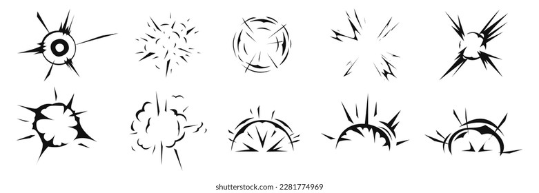 Explosion burst dust, power bombs explode effect. Isolated symbols graphic vector set. Radial explosion silhouette. Exploding bursts, round explosions cloud and exploded bomb effect black silhouettes.