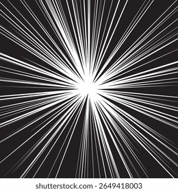 Explosion burst effect for anime motion, dramatic impact scenes. Dynamic speed lines on black background. Vector illustration.