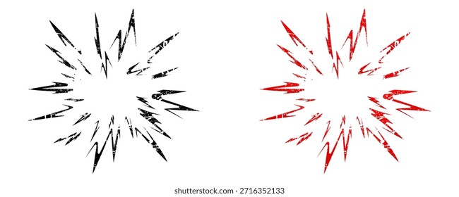 Explosion burst grunge and distressed graphics set featuring jagged, radial shapes with textured overlay, perfect for creating edgy, urban, punk, or aggressive design effects and backgrounds.
