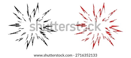 Explosion burst grunge and distressed graphics set featuring jagged, radial shapes with textured overlay, perfect for creating edgy, urban, punk, or aggressive design effects and backgrounds.