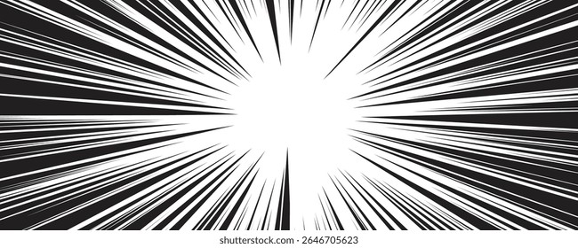 Explosão Burst, Brilho Radial Flare Linha, Esmagamento Explode Espalhar Efeito. Cartoon Sunburst para Animação, Manga, Pop Art Comics Graphic. Ilustração vetorial
