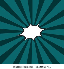 Forma de explosão com fundo radial de explosão solar. Estouro estilo quadrinhos com bolha de fala vazia e raios de azul escuro.
