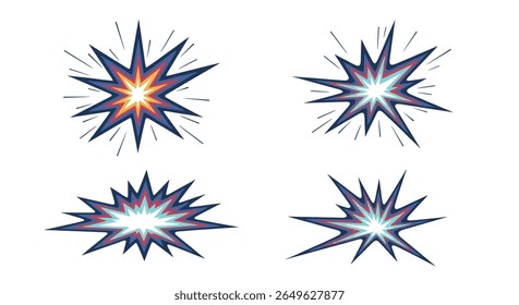 Explosion burst starburst effect vector graphics set illustrating dynamic energy release and impact in a stylized manner