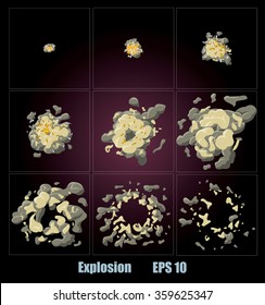 Explosion, Cartoon Explosion Animation Frames For Game. Sprite Sheet On Dark Background