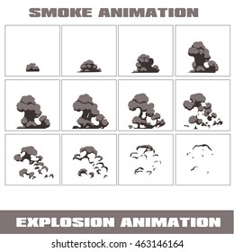 Explosion, cartoon explosion animation frames for game. Sprite sheet on dark background, Lightning animation. Game animation of lightning. Game animation. Smoke animation.