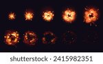 Explosion cartoon animation. Smoke and fire animation frame by frame, comic game asset of bomb blast effect. Vector game sprite of dynamite explosion. Damage or attack burst isolated set