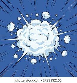 Explosion of Cartoon Clouds and Debris Against a Blue Background