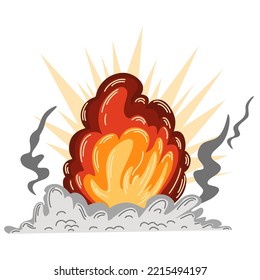Explosión. Dinamita de caricatura o explosión de bomba, fuego. Nubes de boom y elementos de humo. Explosión explosiva peligrosa, explosión de bomba atómica. Ilustración de dibujo con la mano del vector.