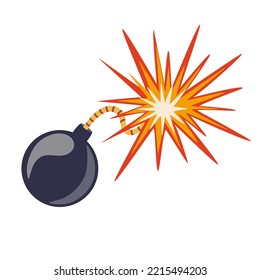 Explosión. Dinamita de caricatura o explosión de bomba, fuego. Nubes de boom y elementos de humo. Explosión explosiva peligrosa, explosión de bomba atómica. Ilustración de dibujo con la mano del vector.