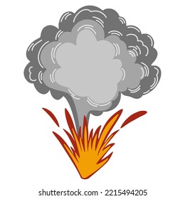 Explosión. Dinamita de caricatura o explosión de bomba, fuego. Nubes de boom y elementos de humo. Explosión explosiva peligrosa, explosión de bomba atómica. Ilustración de dibujo con la mano del vector.