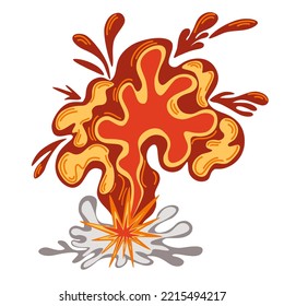 Explosion. Cartoon dynamite or bomb explosion, fire. Boom clouds and smoke element. Dangerous explosive detonation, Atomic bomb explosion. Vector hand draw illustration.