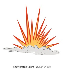 Explosion. Cartoon dynamite or bomb explosion, fire. Boom clouds and smoke element. Dangerous explosive detonation, Atomic bomb explosion. Vector hand draw illustration.