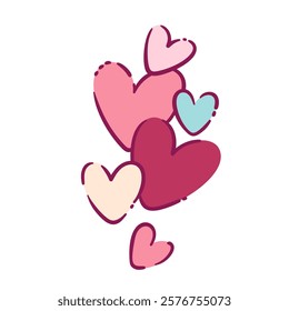 Explosion of cartoon hearts in different colors. Funny pink, red and blue hearts flying in flow of love message. Valentines day greeting, gift mascot, cartoon cute romantic burst vector illustration