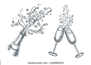 Explosion champagne bottle and two glasses with splash drinks. Sketch vector illustration. Hand drawn holiday celebration design elements.