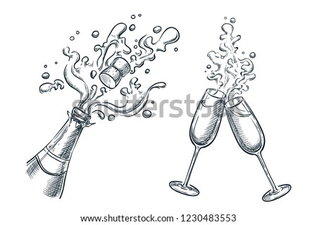 Explosion champagne bottle and two glasses with splash drinks. Sketch vector illustration. Hand drawn holiday celebration design elements.