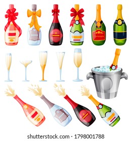 Explosion champagne bottles with bow ribbons and drinking glasses set. Vector flat cartoon illustration. Holiday alcohol set, isolated on white background
