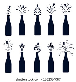 explosion of champagne, the cork flies out of the bottle. collection of black icons on a white background. vector illustration.