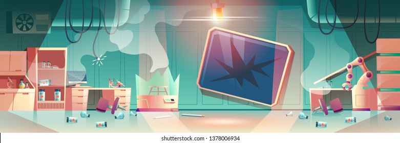 Explosion in chemical laboratory, dangerous monster escape from researching center cartoon vector. Ruined lab interior, destroyed equipment illustration. Accident because of failed science experiment
