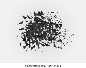 Explosion cloud of black pieces on white background. Vector illustration