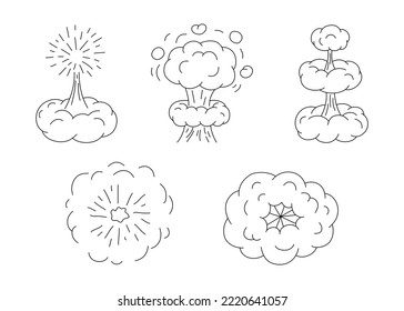 Explosion with cloud of smoke, effect steam, doodle line set. Hand drawn element splash, stepwise and wave cloud from burst. Collection outline sketch. Vector illustration