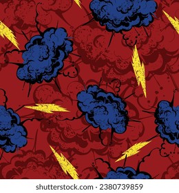 Explosion clouds seamless pattern with lightnings. Endless grunge red background with blue explosions