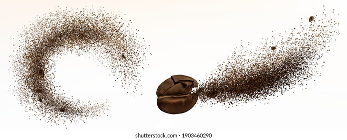 Explosion of coffee bean and powder isolated on white background. Vector realistic illustration of shredded roasted ground coffee and burst of arabica grain with splash of brown dust