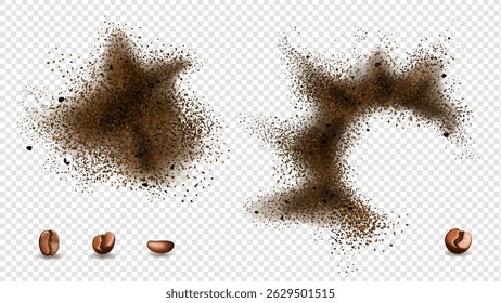Explosion de grains de café. Poussière de grain de café, particules de cacao éclatées. Poudre de chocolat sale. Café moulu torréfié déchiqueté et grains d'arabica Image vectorielle illustration réaliste