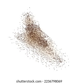 Explosion of coffee beans and ground arabica powder. Brown grain noise particles isolated on white background. Roasted coffee splash. Chocolated shades confetti. Flying dust in motion.