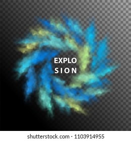 Explosion of colored powder. Abstract motion of multicolored swirling clouds. Vector design elements
