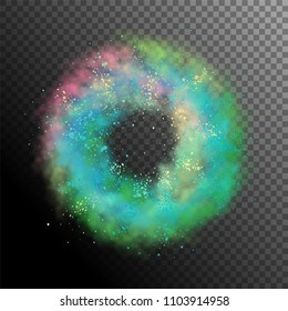 Explosion of colored powder. Abstract motion of multicolored swirling clouds. Vector design elements