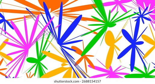 Explosión de fondo de Formas Abstractas coloridas. Fondo dinámico y festivo con salpicaduras de rayos azules, rosados, naranjas y verdes en un lienzo blanco brillante.