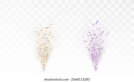 Explosion of colorful confetti on transparent background. Flying shiny golden streamer. Bright golden festive tinsel. Holiday design elements for web banner, poster, flyer, invitation. Vector 10 EPS