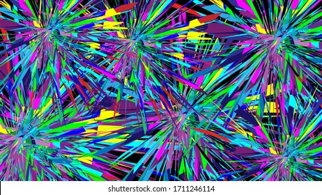 Explosion of colorful fireworks. Abstract Rayonism with partial fragments of expressionism. Bright banner. Vector eps10.