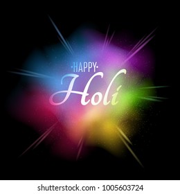 Explosion of colors. Multicolor spray. Banner with white text for Happy Holi. Holiday of colors. Colorful dust. Vector illustration