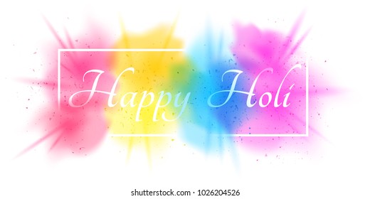 Explosion of colors. Multicolor spray. Frame banner with white text for Happy Holi. Holiday of colors. Colorful fog and dust. Vector illustration. EPS 10