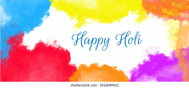 Explosion of colors. Multicolor spray. White banner frame with blue text for Happy Holi. Holiday of colors. Colorful fog dust. Vector illustration