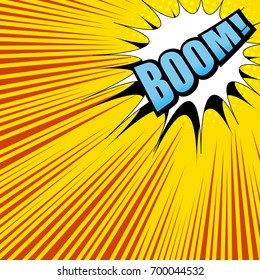 Explosion comic template with Boom word, white speech bubble, orange background, halftone effect and bright rays. Vector illustration