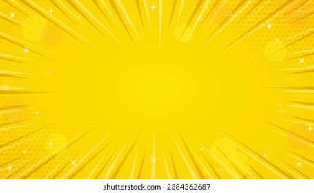 Explosion in comics book pop style with expression text space, glittery yellow and orange concentration line background, blank layout template with halftone dots and stars isolated on yellow backdrop