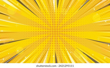 Explosion in comics book pop style with expression text space, blank layout template with halftone dots and stars on yellow backdrop, glitter yellow and orange concentration line background