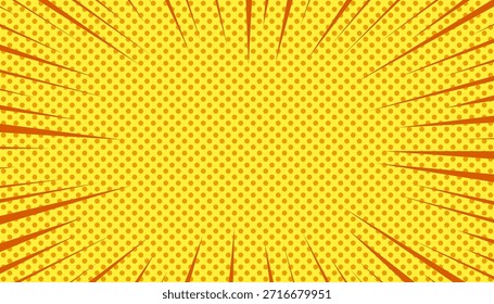 Explosión en estilo pop de cómic con espacio de texto de expresión, Plantilla de diseño en blanco con puntos de semitono sobre fondo amarillo, fondo de línea de concentración amarillo y naranja brillante, marco de explosión de sol pop